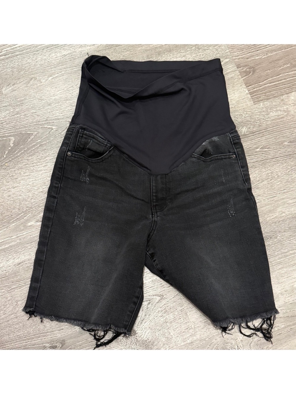 PinkBlush Maternity Black Distressed Denim Shorts with Stretch Waistband Size M